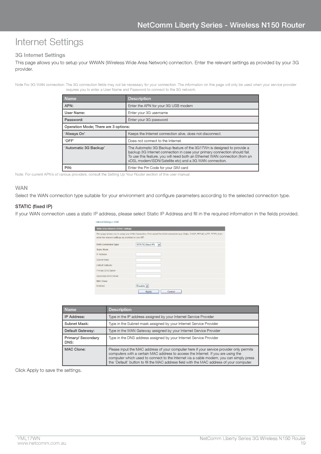 NetComm N150 manual Internet Settings, Name Description 