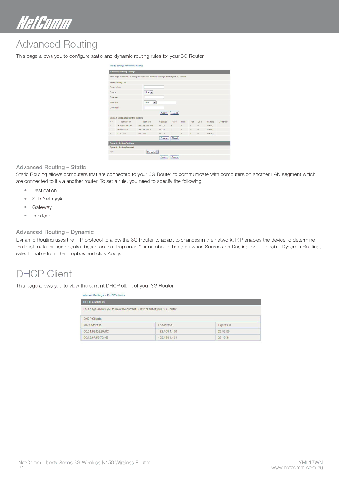 NetComm N150 manual Dhcp Client, Advanced Routing Static, Advanced Routing Dynamic 