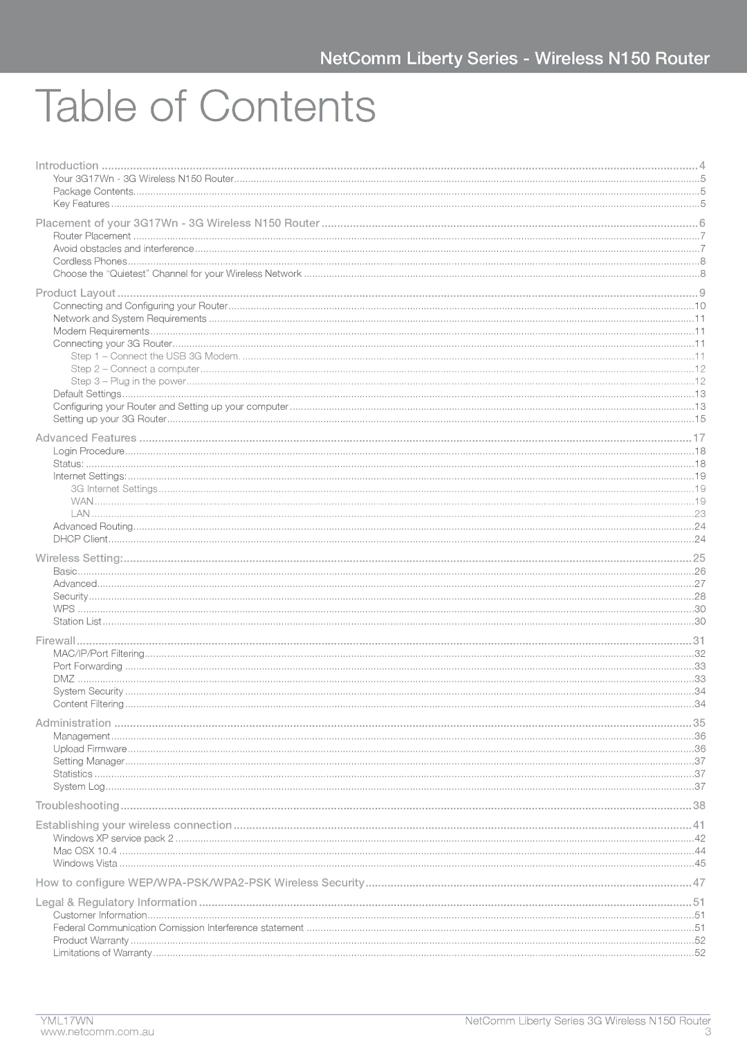 NetComm N150 manual Table of Contents 