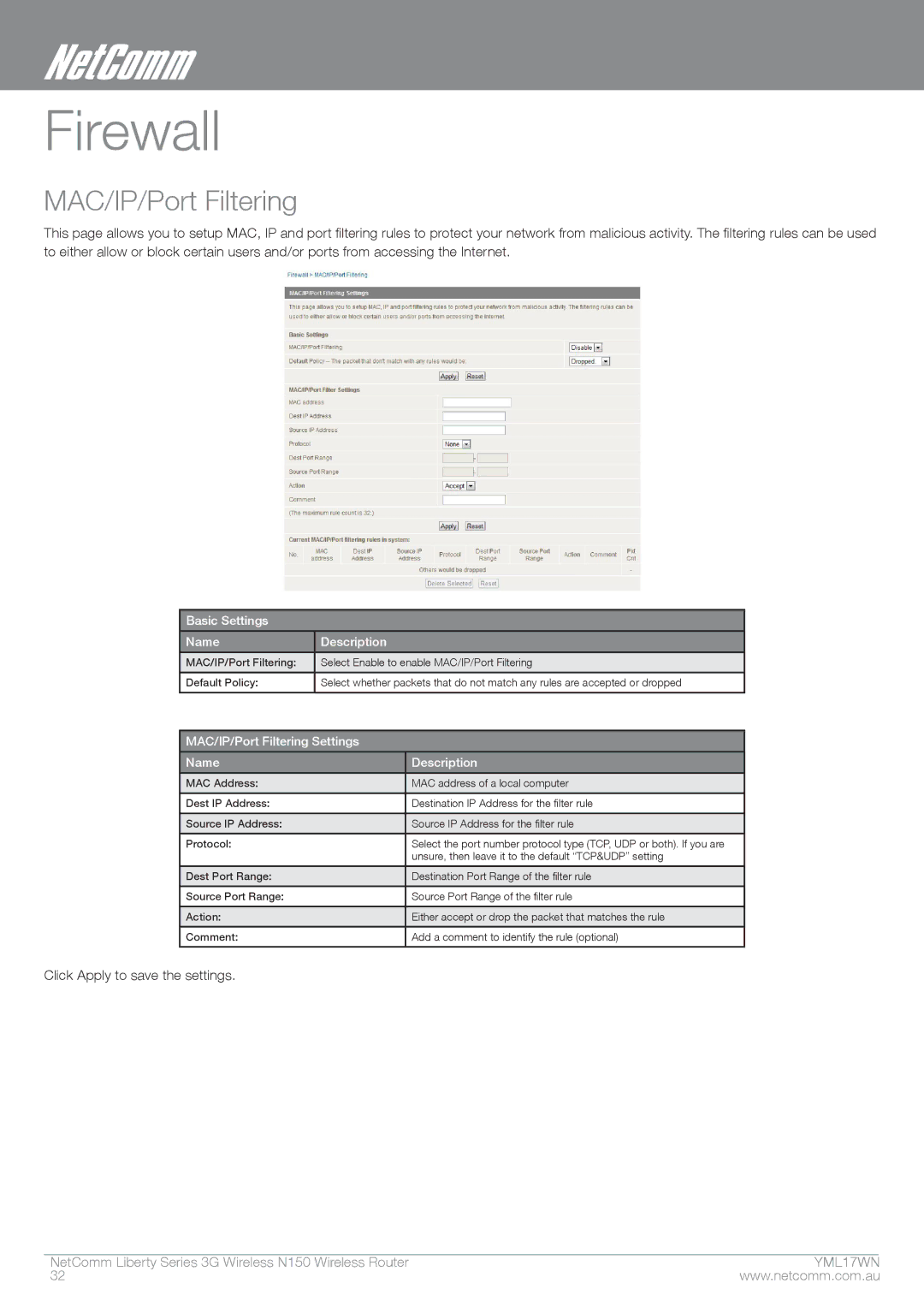 NetComm N150 manual Firewall, MAC/IP/Port Filtering 