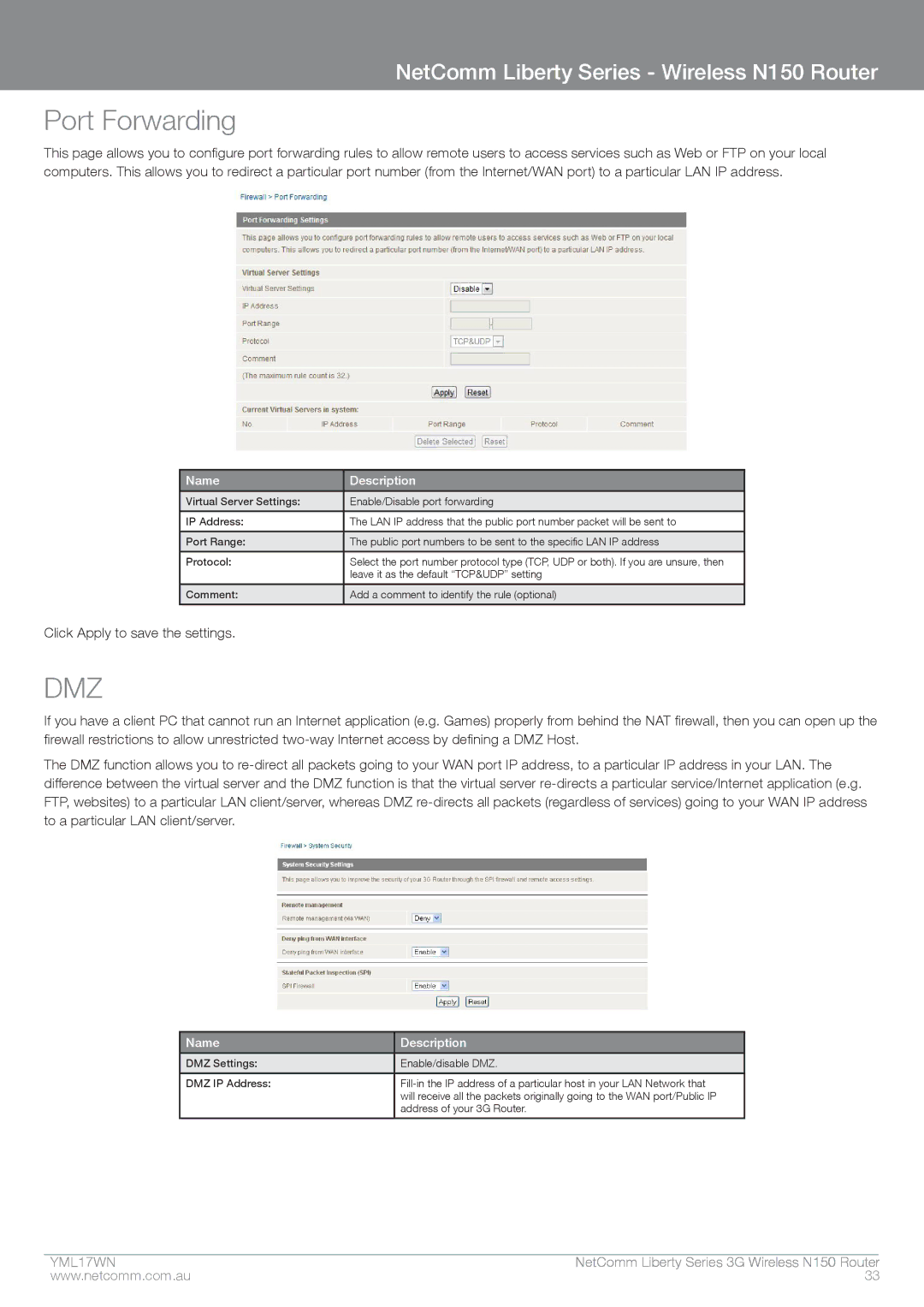 NetComm N150 manual Port Forwarding, Dmz 