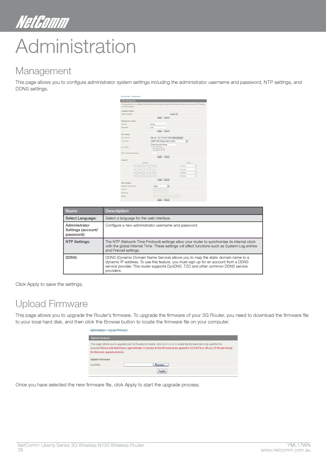 NetComm N150 manual Administration, Management, Upload Firmware 