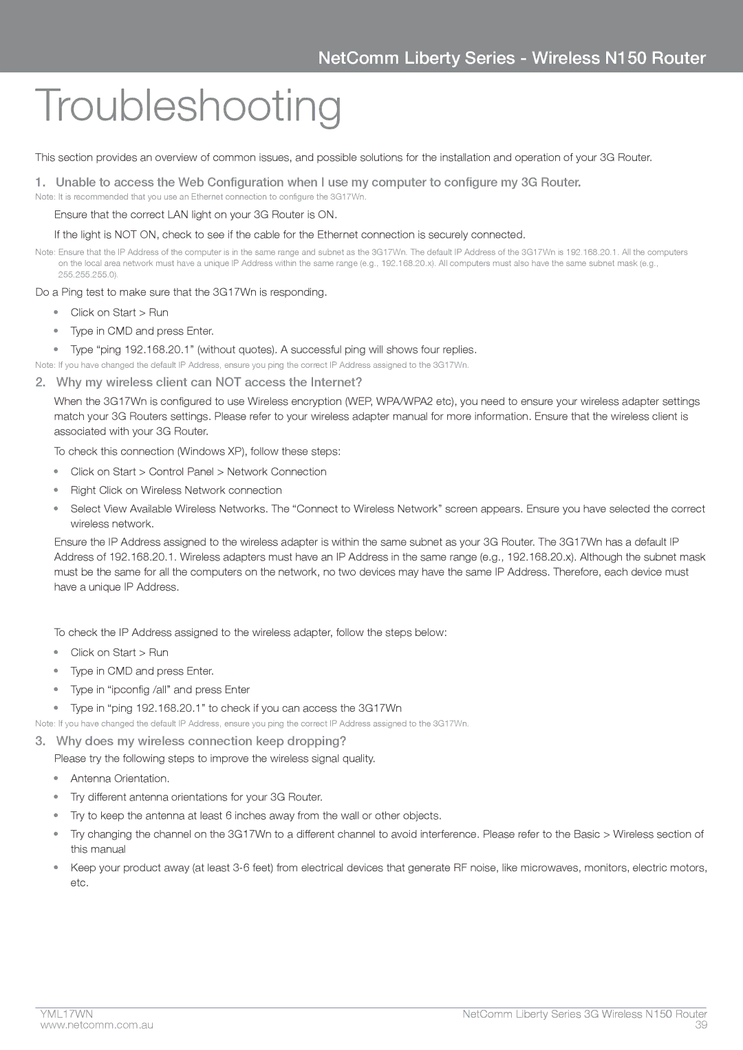 NetComm N150 manual Troubleshooting, Why my wireless client can not access the Internet? 