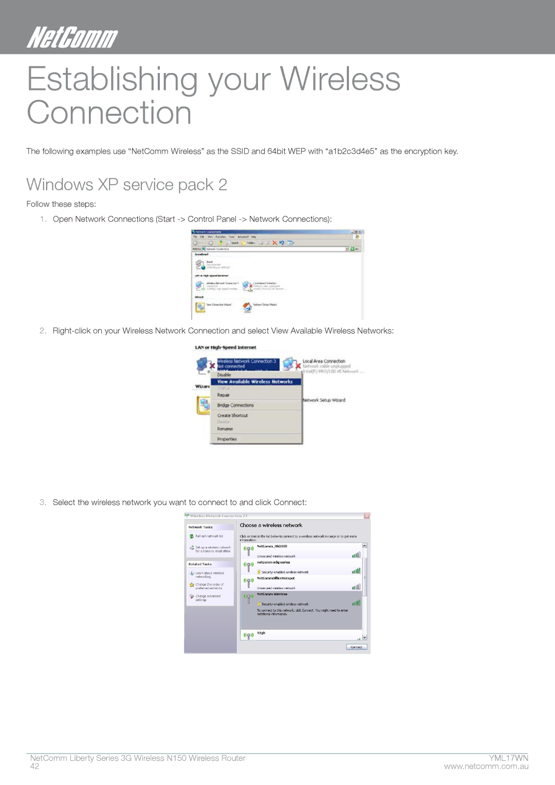 NetComm N150 manual Establishing your Wireless Connection, Windows XP service pack 