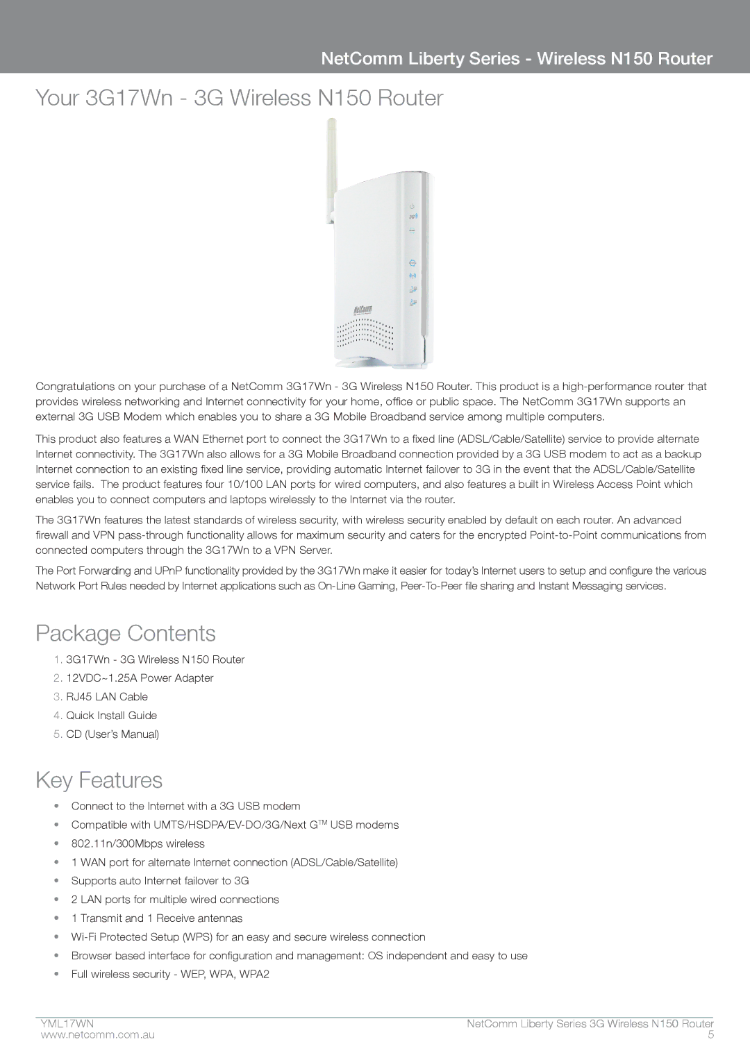 NetComm manual Your 3G17Wn 3G Wireless N150 Router, Package Contents, Key Features 