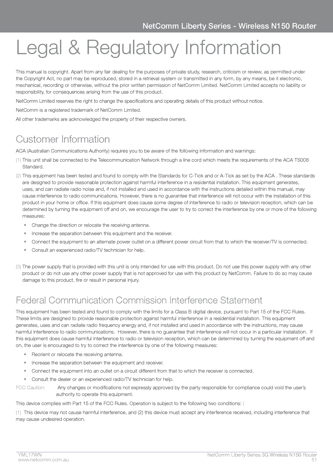 NetComm N150 manual Legal & Regulatory Information, Customer Information 