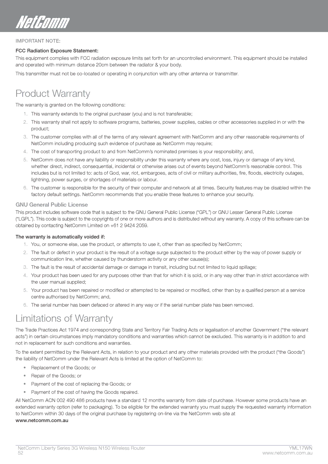 NetComm N150 manual Product Warranty, Limitations of Warranty, GNU General Public License 