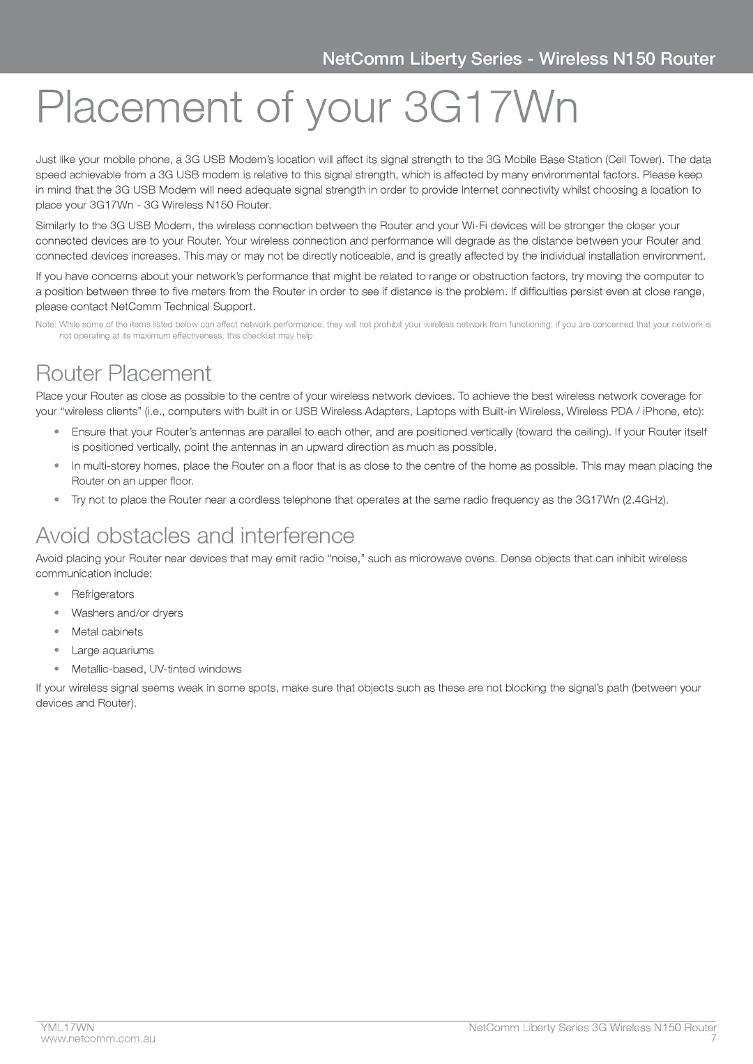 NetComm N150 manual Placement of your 3G17Wn, Router Placement, Avoid obstacles and interference 