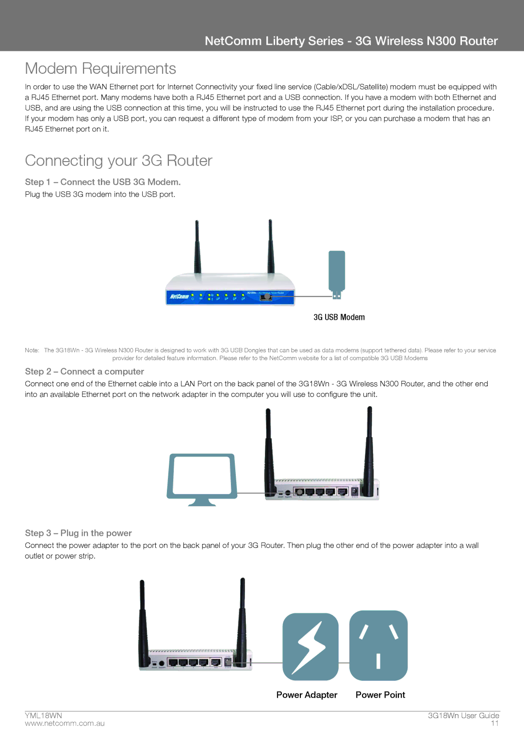 NetComm N300 manual Modem Requirements, Connecting your 3G Router, Connect the USB 3G Modem, Connect a computer 