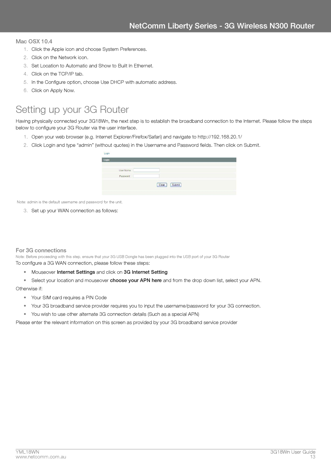 NetComm N300 manual Setting up your 3G Router, Mac OSX, For 3G connections 