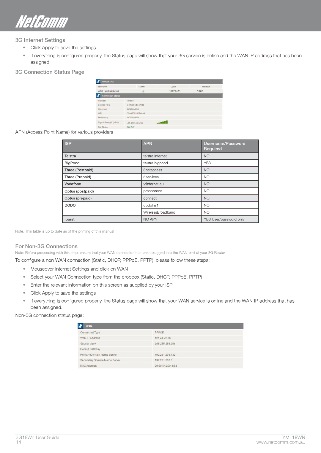 NetComm N300 manual 3G Internet Settings, 3G Connection Status, For Non-3G Connections 