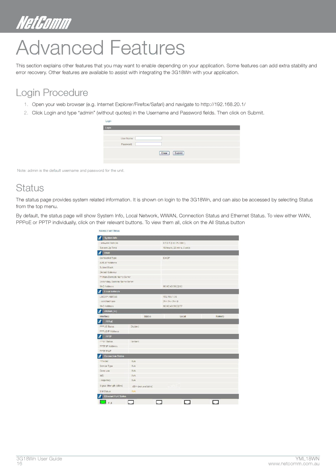 NetComm N300 manual Advanced Features, Login Procedure, Status 
