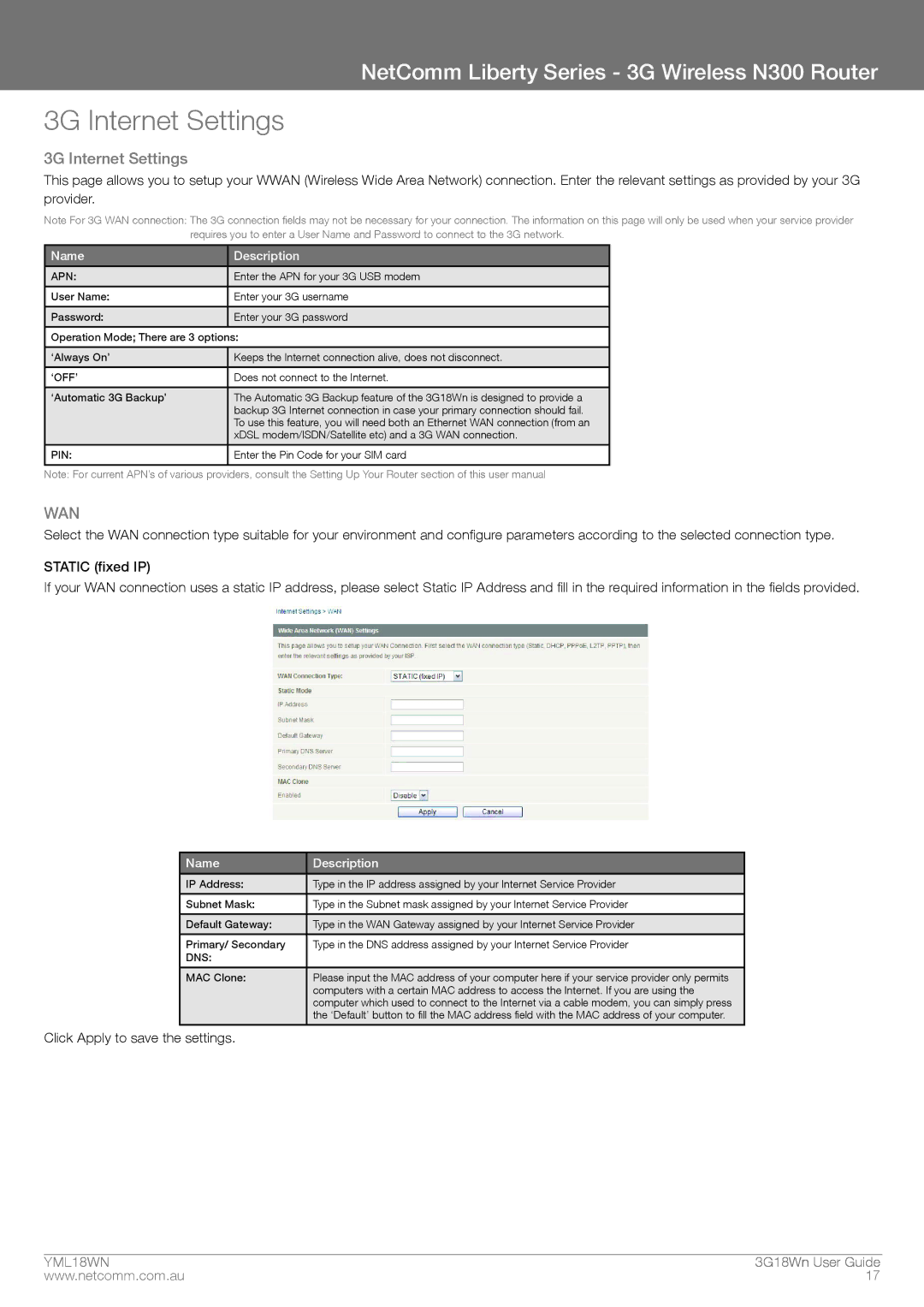 NetComm N300 manual 3G Internet Settings, Apn, ‘Off’, Pin, Dns 