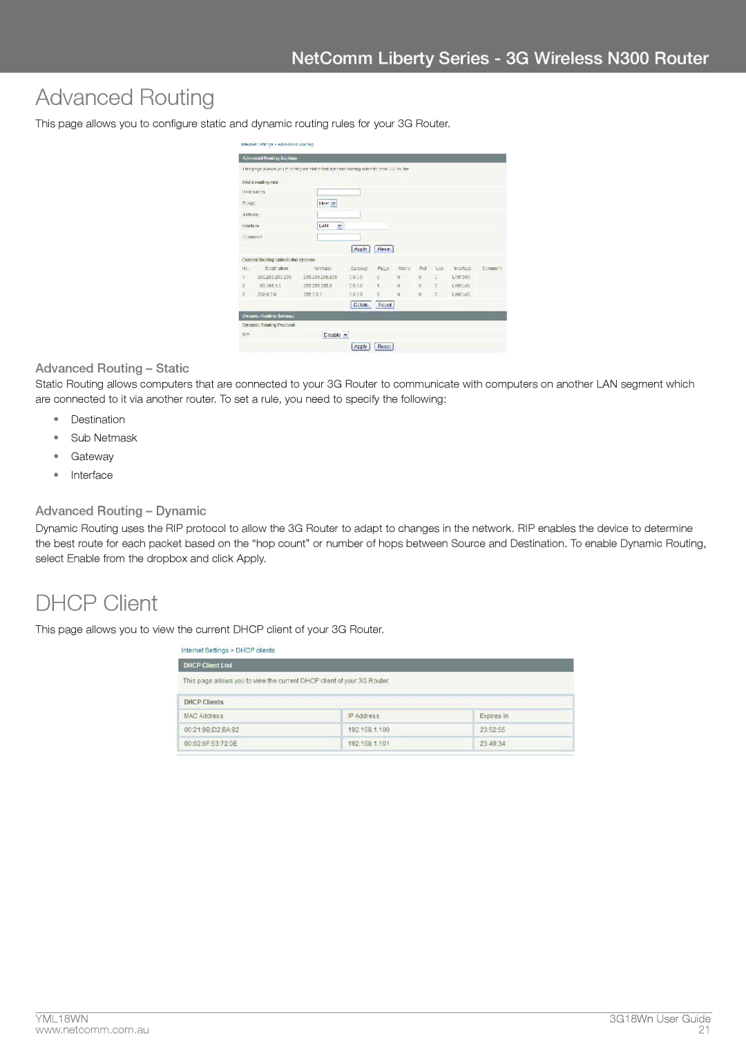 NetComm N300 manual Dhcp Client, Advanced Routing Static, Advanced Routing Dynamic 