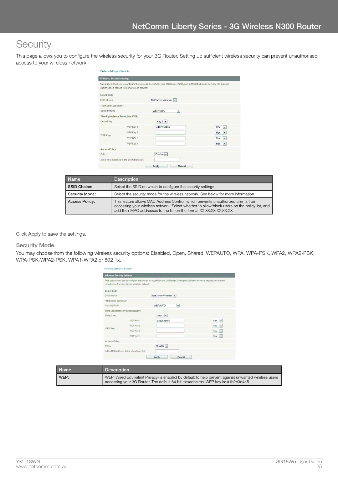 NetComm N300 manual Security Mode, Wep 