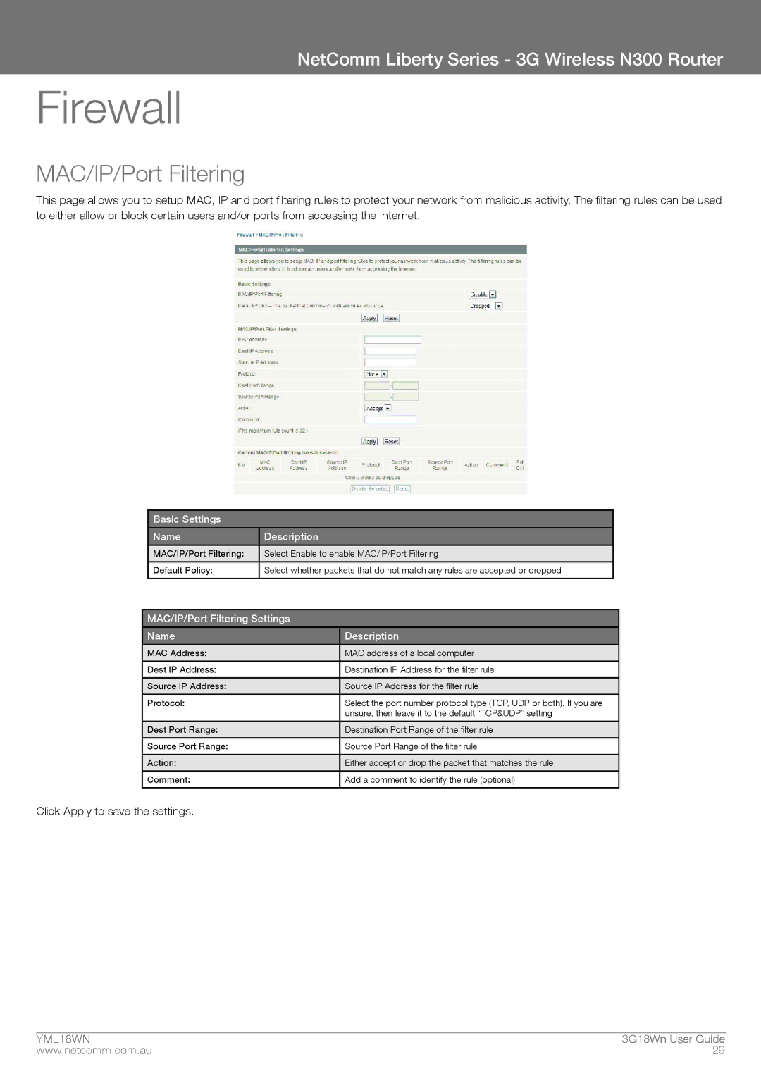 NetComm N300 manual Firewall, MAC/IP/Port Filtering 