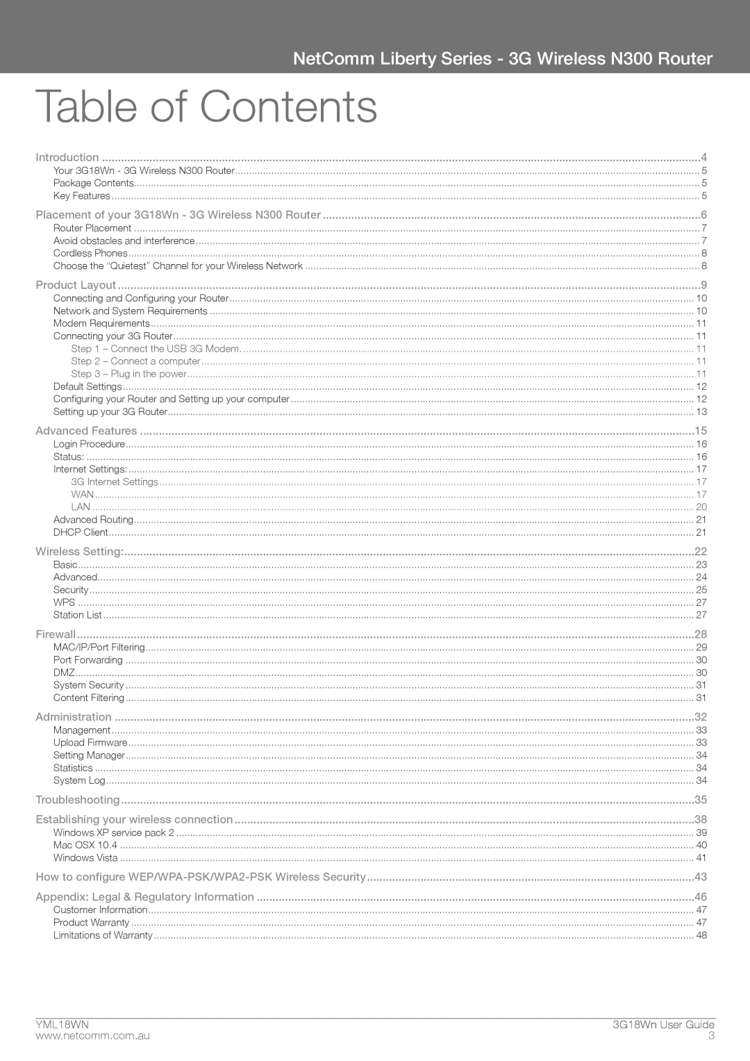 NetComm N300 manual Table of Contents 