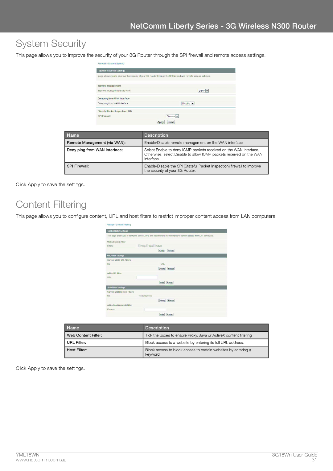 NetComm N300 manual System Security, Content Filtering 