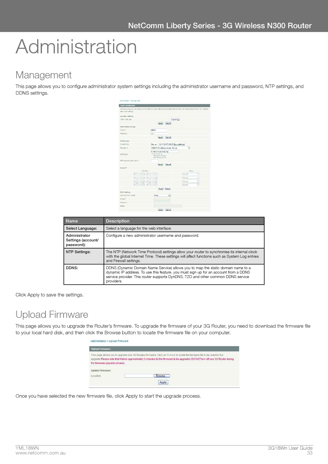 NetComm N300 manual Administration, Management, Upload Firmware, Ddns 