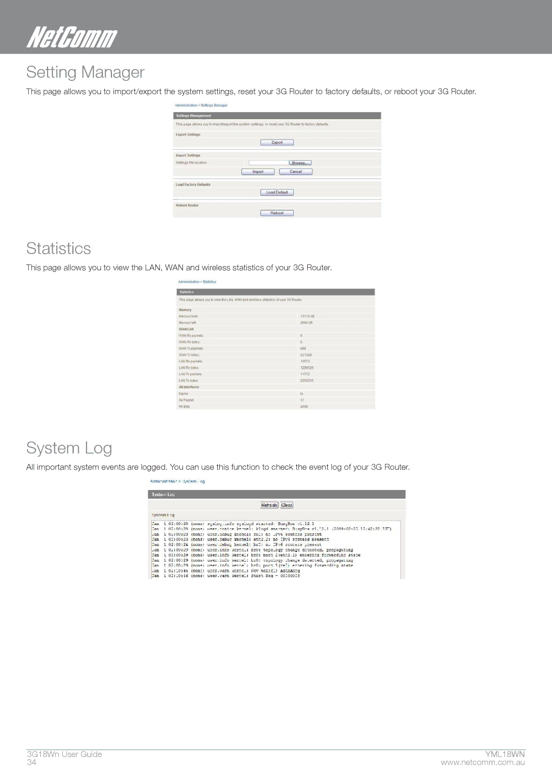 NetComm N300 manual Setting Manager, Statistics, System Log 