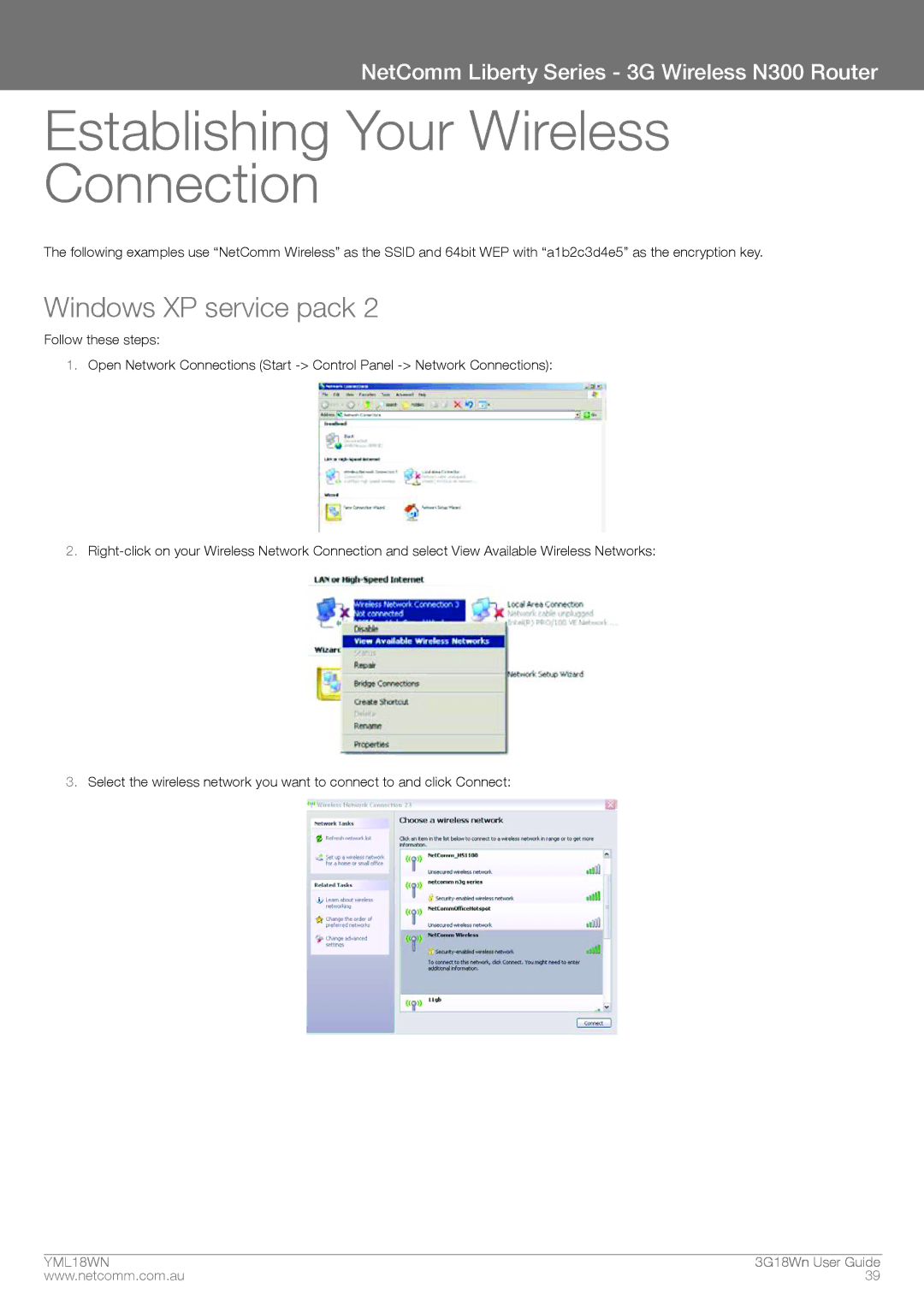 NetComm N300 manual Establishing Your Wireless Connection, Windows XP service pack 