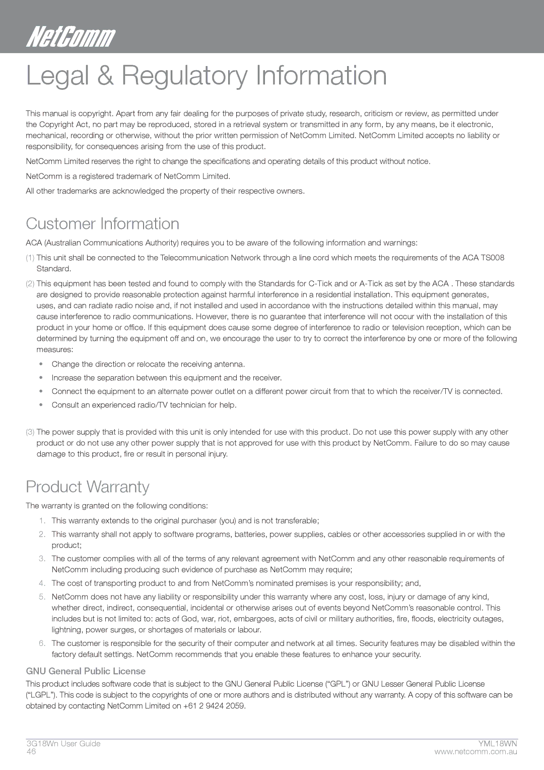 NetComm N300 manual Customer Information, Product Warranty, GNU General Public License 