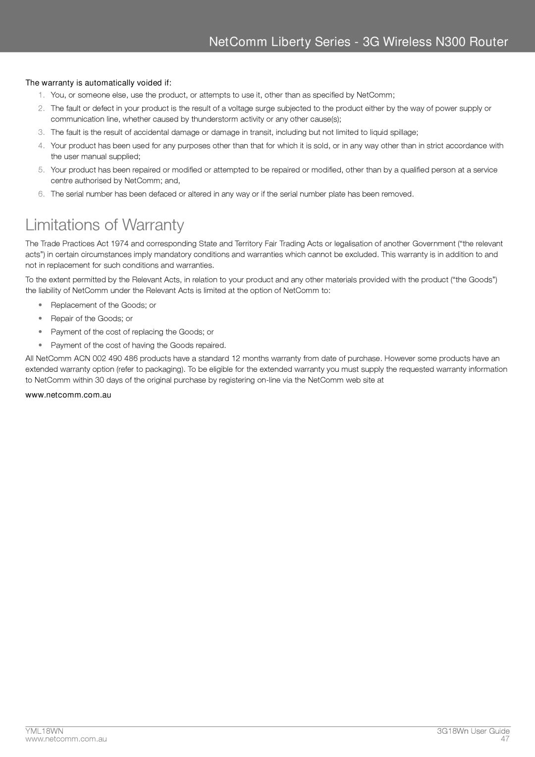 NetComm N300 manual Limitations of Warranty 