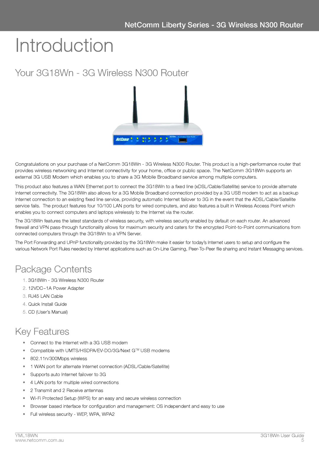 NetComm manual Introduction, Your 3G18Wn 3G Wireless N300 Router, Package Contents, Key Features 