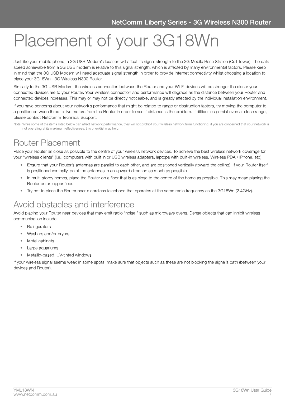 NetComm N300 manual Placement of your 3G18Wn, Router Placement, Avoid obstacles and interference 