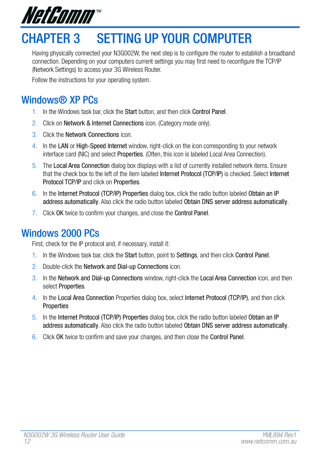 NetComm N3G002W manual Setting up your Computer, Windows XP PCs, Windows 2000 PCs 