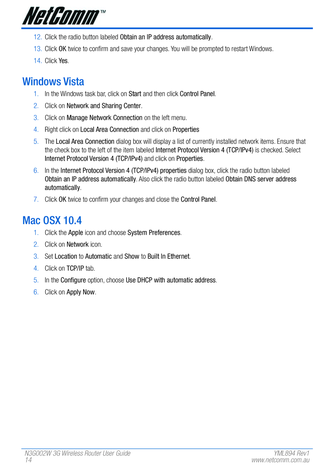 NetComm N3G002W manual Windows Vista, Mac OSX 