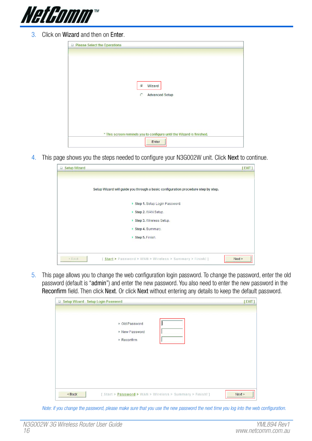 NetComm N3G002W manual Click on Wizard and then on Enter 