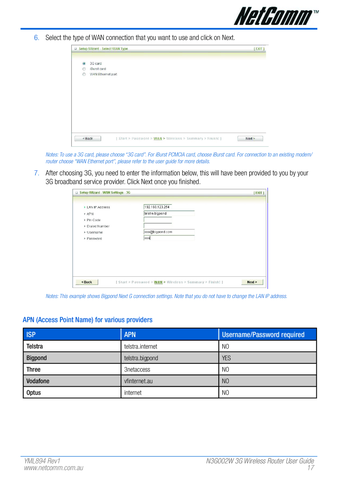 NetComm N3G002W manual APN Access Point Name for various providers, Apn 