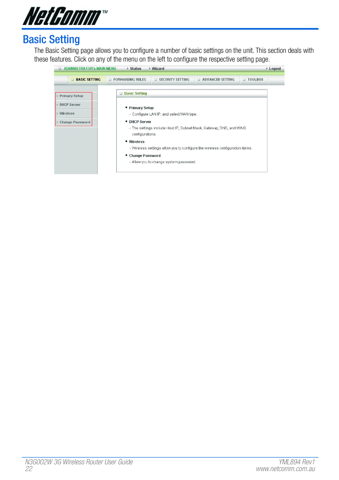 NetComm N3G002W manual Basic Setting 