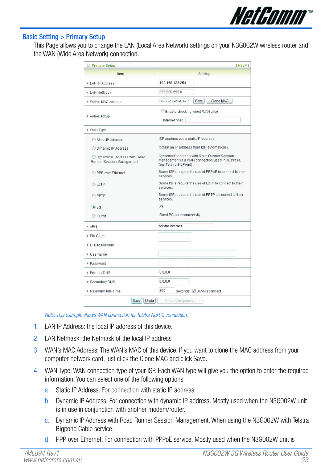 NetComm N3G002W manual Basic Setting Primary Setup 