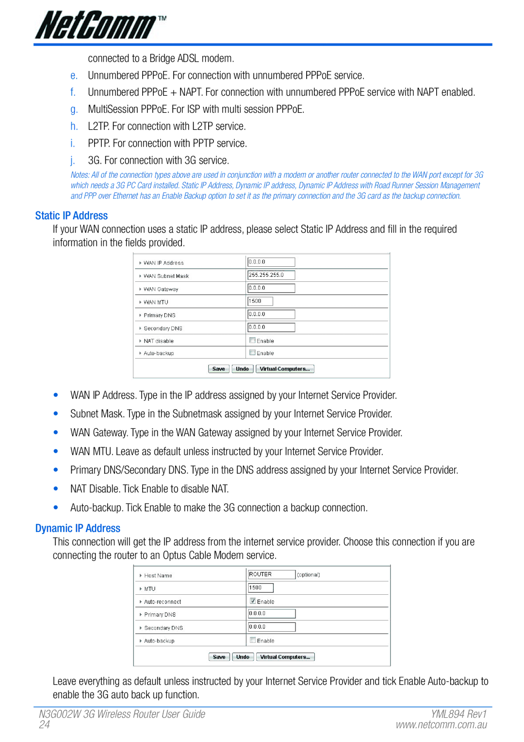 NetComm N3G002W manual Static IP Address, Dynamic IP Address 