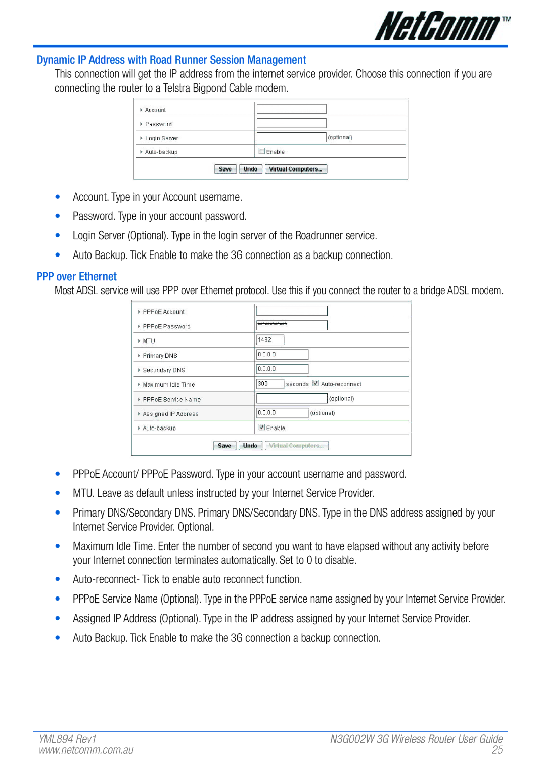 NetComm N3G002W manual Dynamic IP Address with Road Runner Session Management 