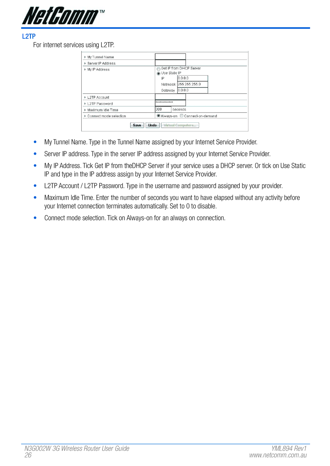 NetComm N3G002W manual L2TP 