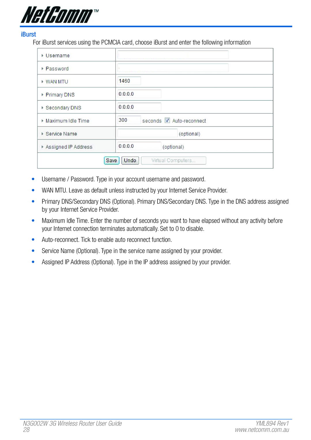 NetComm N3G002W manual IBurst 