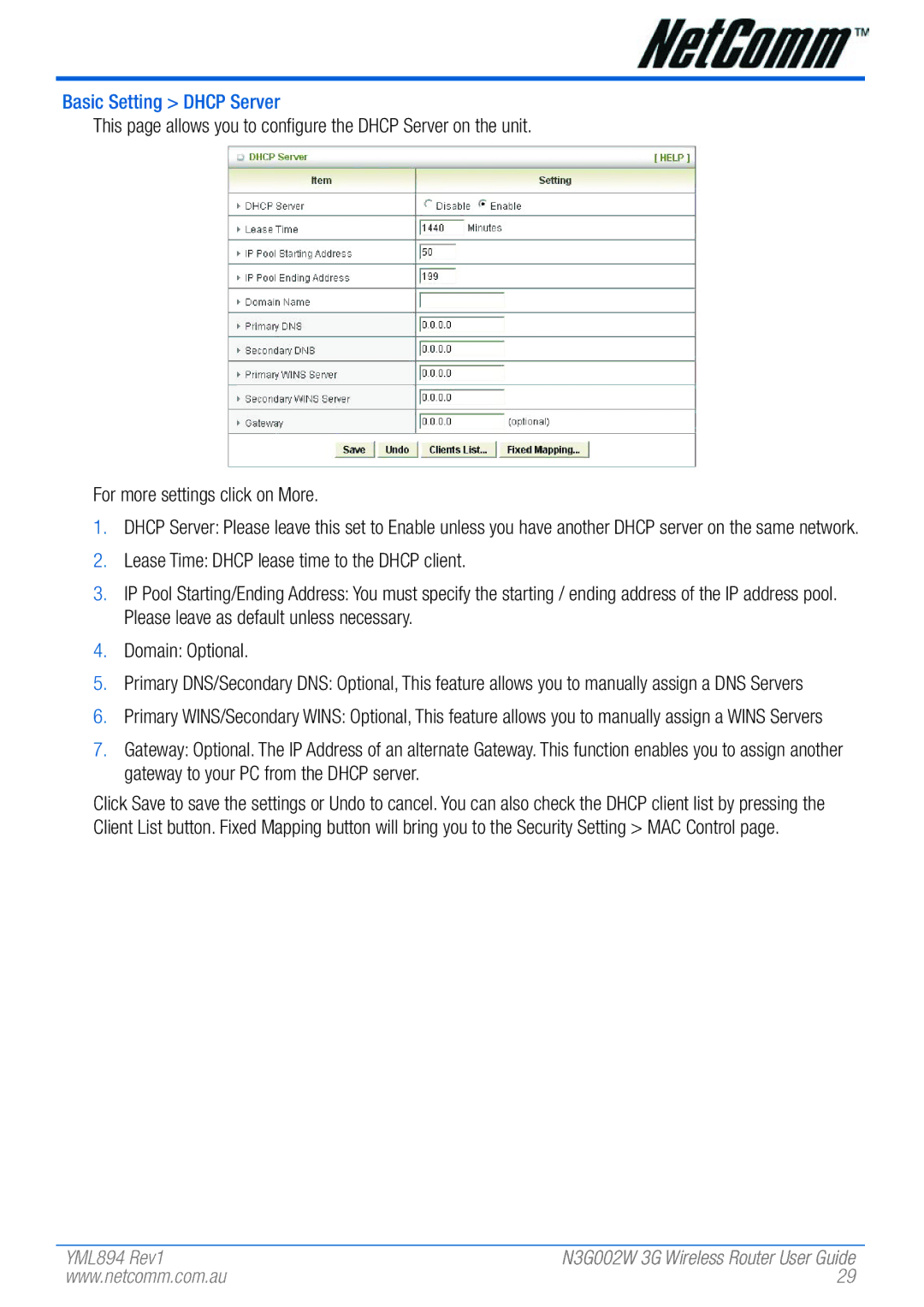 NetComm N3G002W manual Basic Setting Dhcp Server 