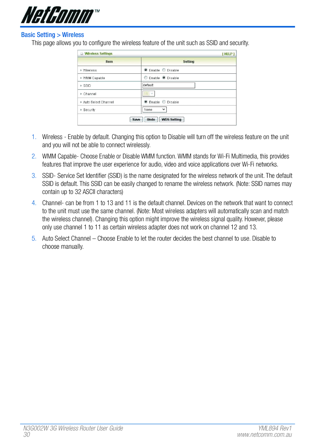 NetComm N3G002W manual Basic Setting Wireless 