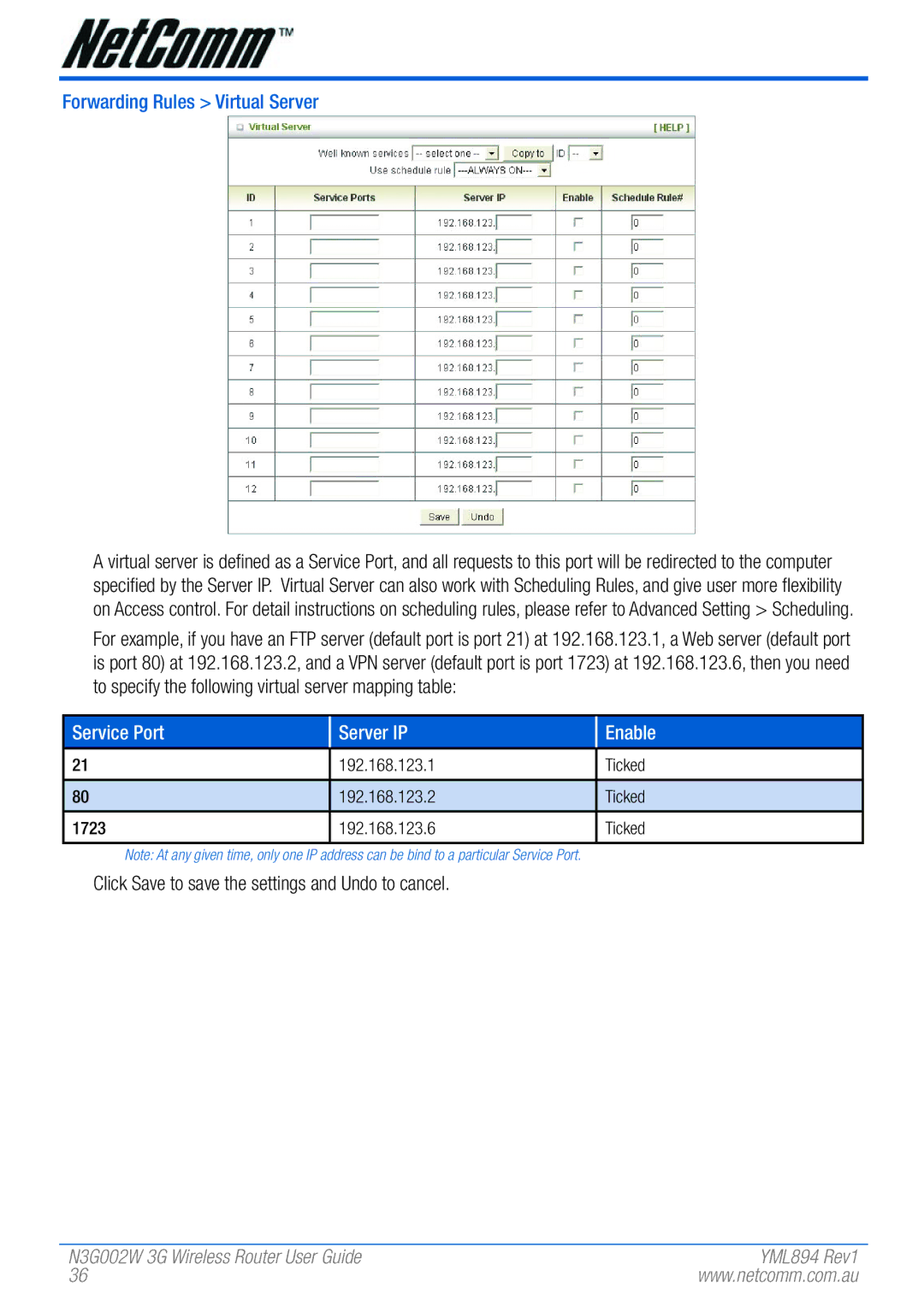 NetComm N3G002W manual Forwarding Rules Virtual Server, Service Port Server IP Enable 