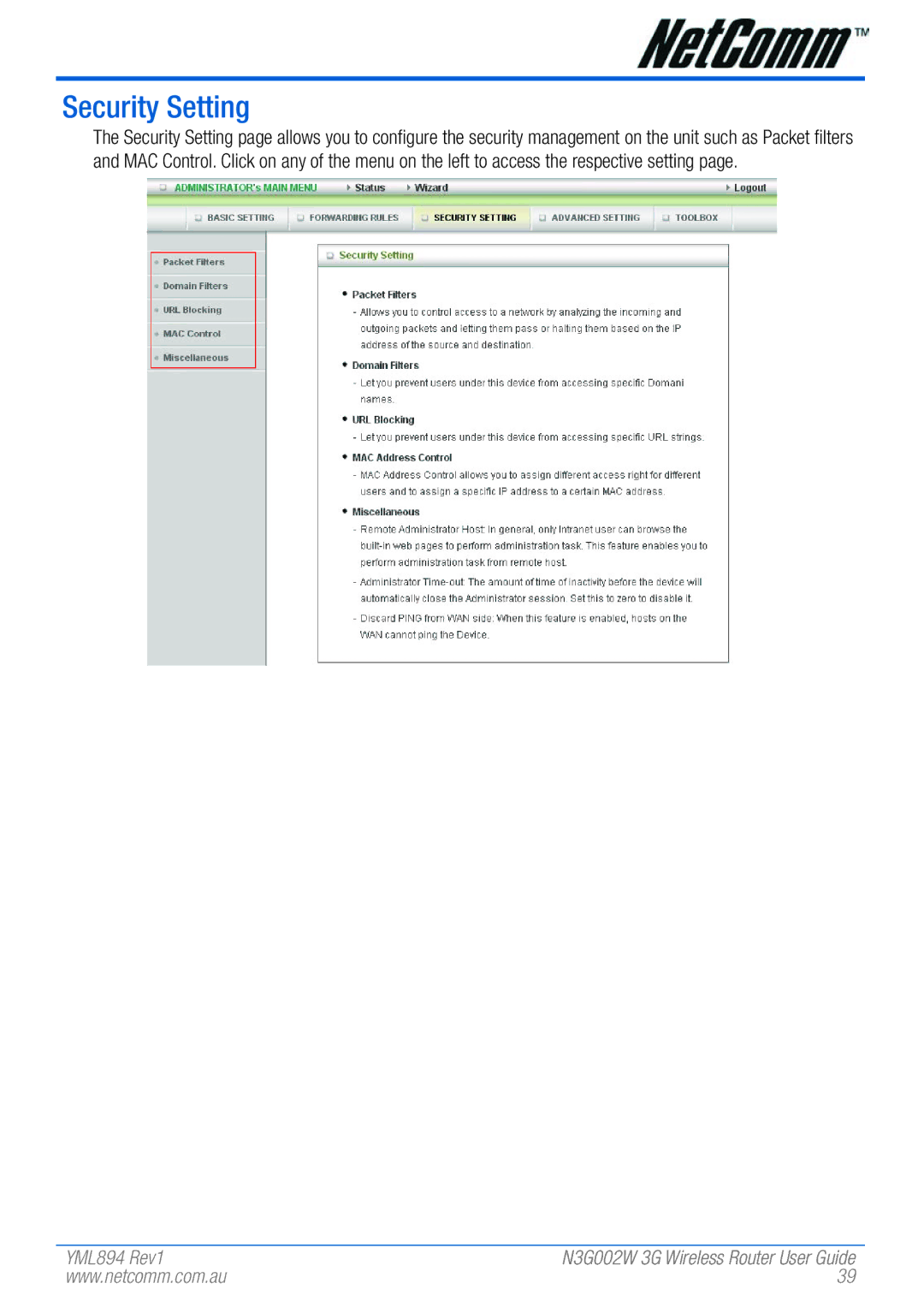 NetComm N3G002W manual Security Setting 