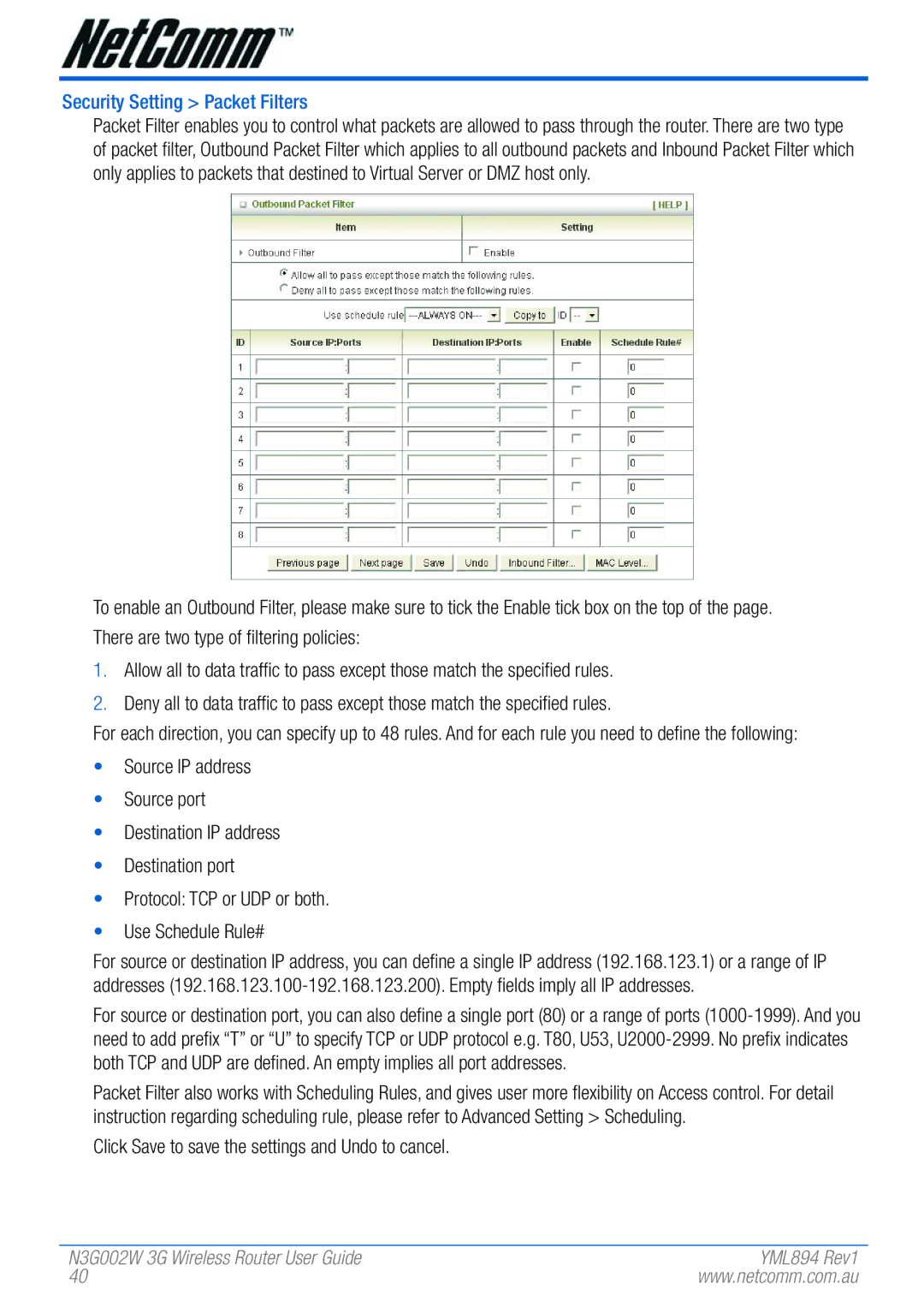 NetComm N3G002W manual Security Setting Packet Filters 