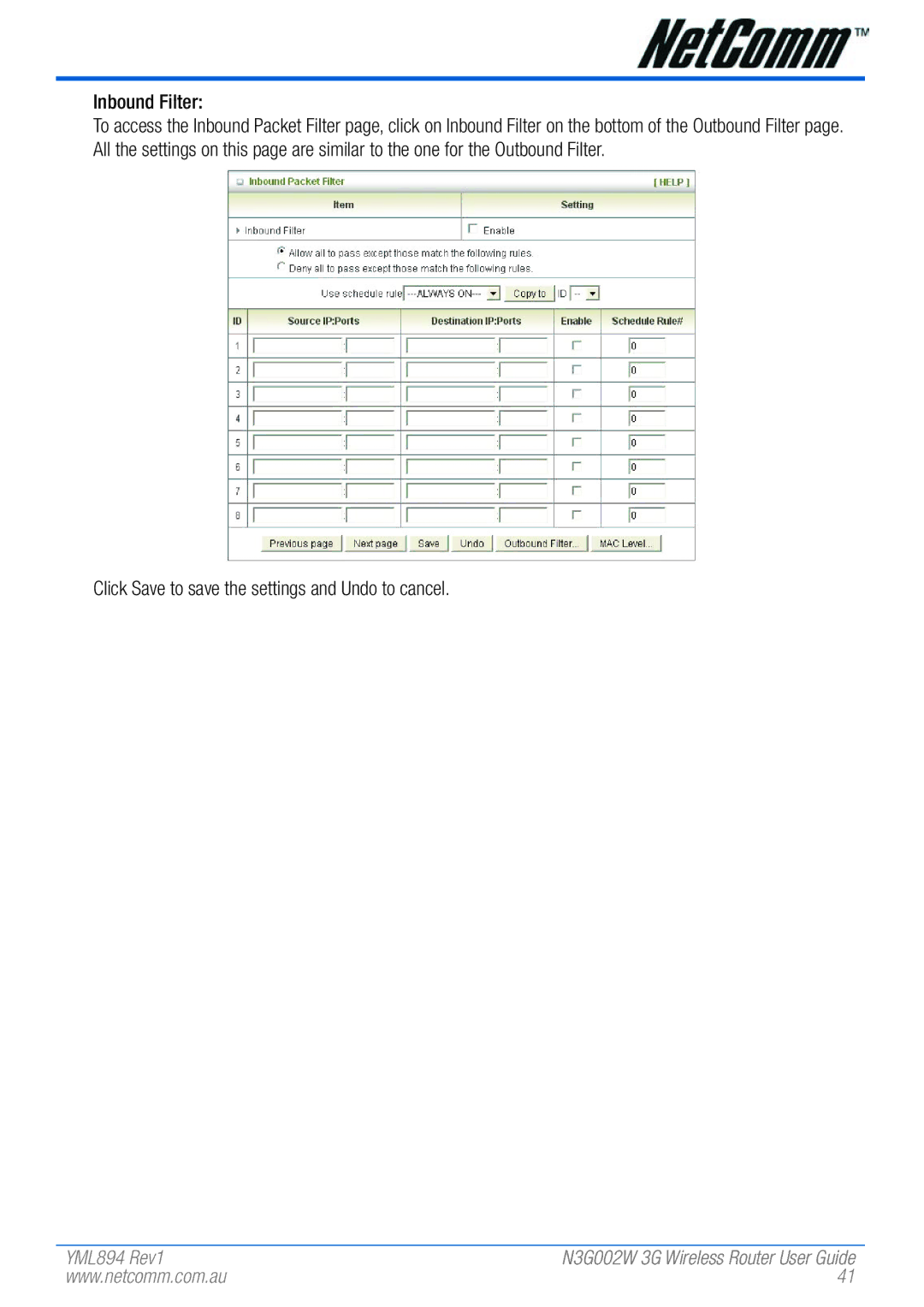 NetComm N3G002W manual Inbound Filter 