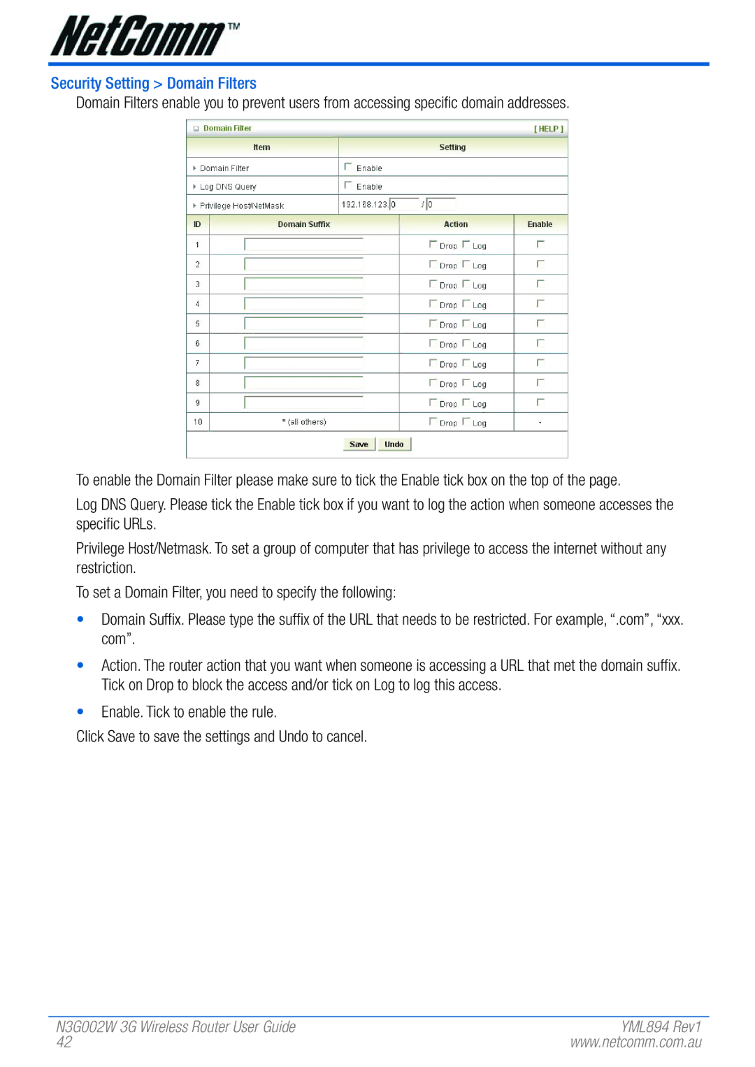 NetComm N3G002W manual Security Setting Domain Filters 