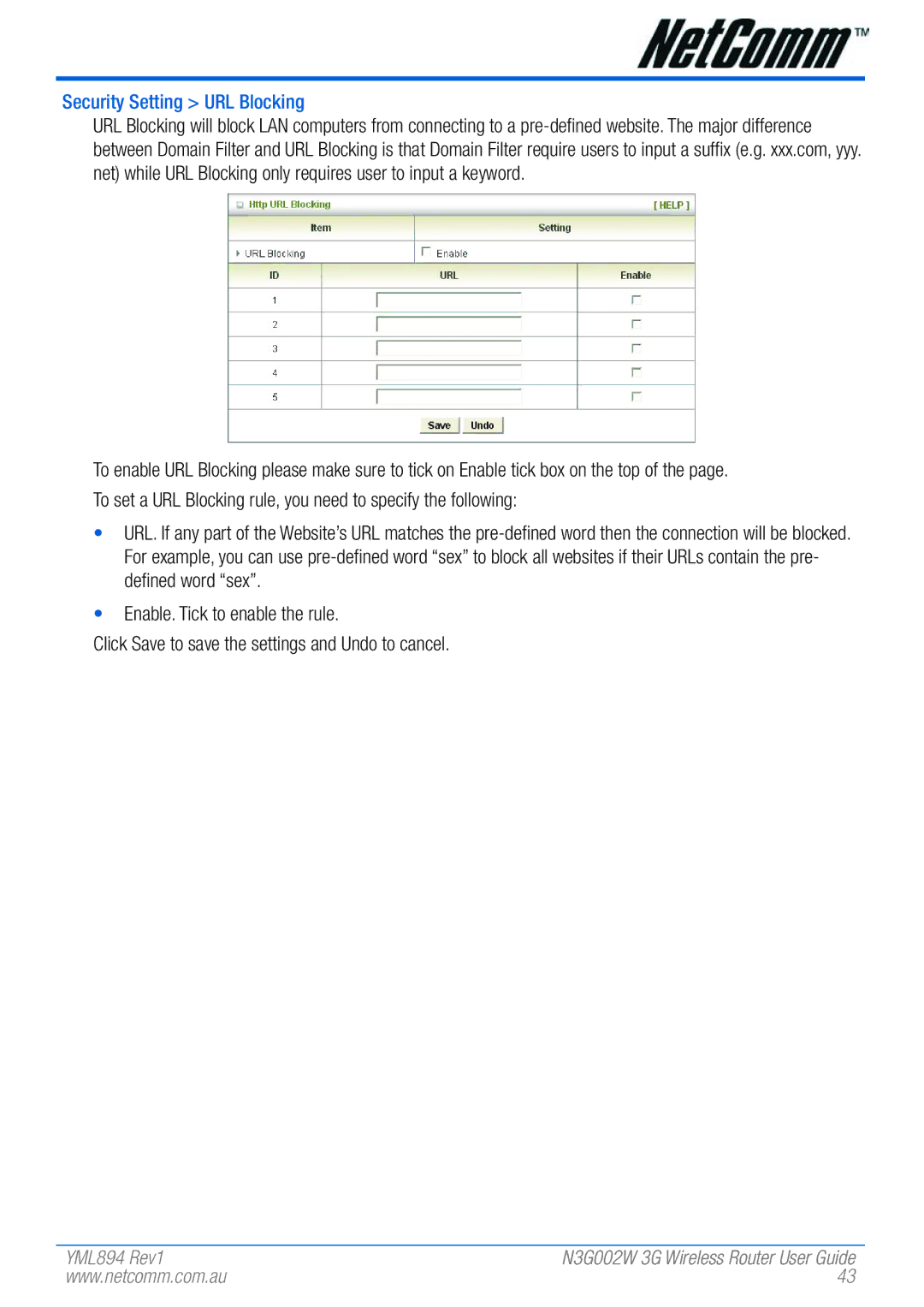 NetComm N3G002W manual Security Setting URL Blocking 