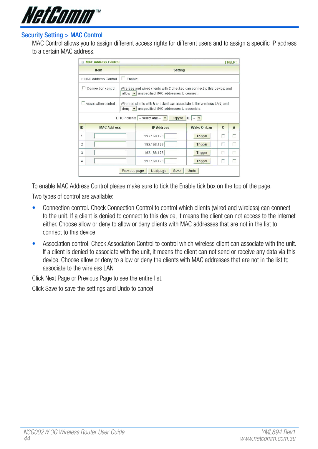 NetComm N3G002W manual Security Setting MAC Control 