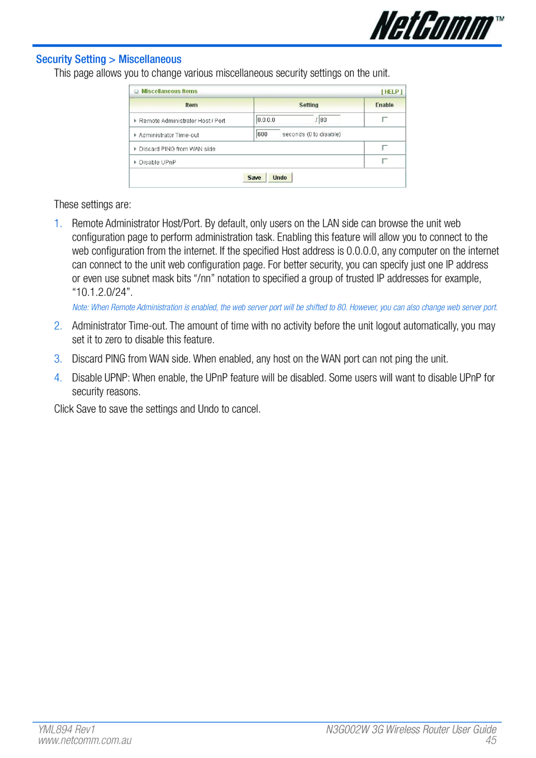 NetComm N3G002W manual Security Setting Miscellaneous 