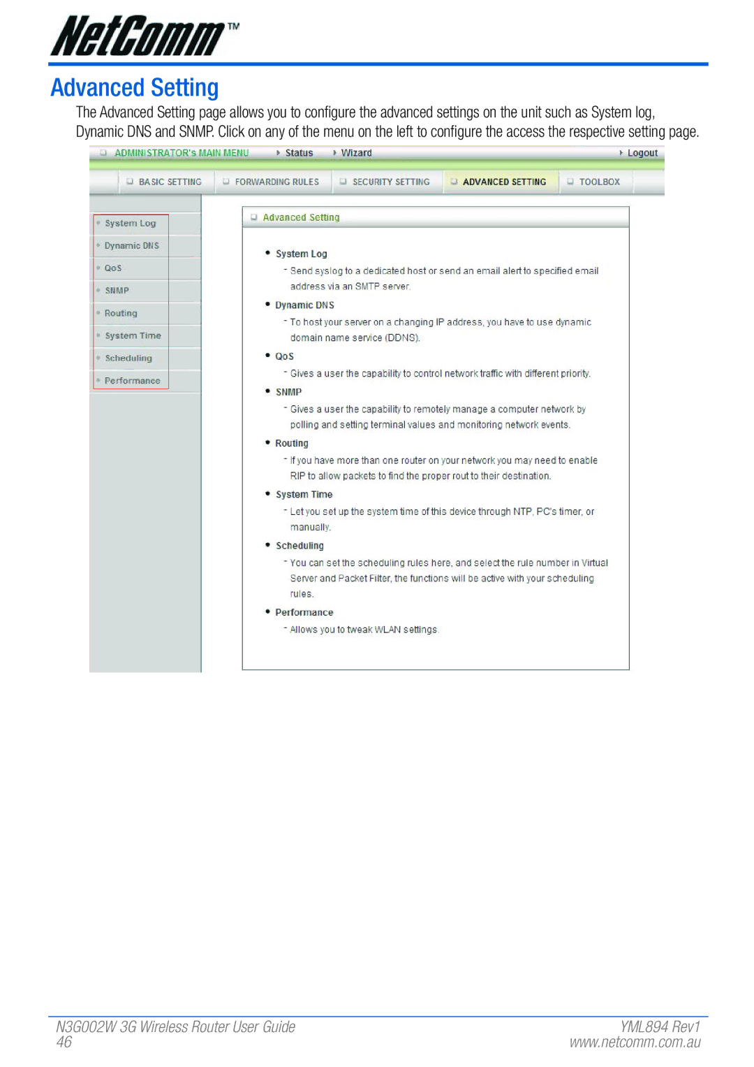 NetComm N3G002W manual Advanced Setting 